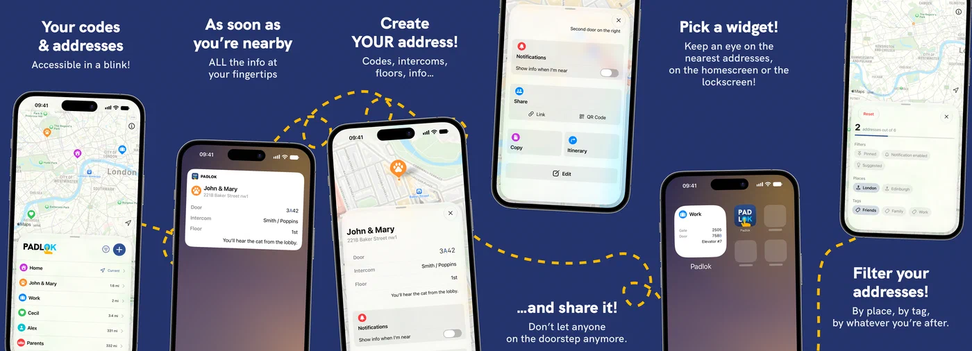 Padlok on iPhone: a list of saved addresses over a map, an arrival notification showing the door code, intercom name and floor, an address being created from the map, the share sheet offering a link and a QR code, Lock Screen and Home Screen widgets, and the filter panel with places and tags as badges.