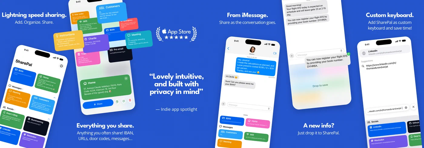 SharePal on iPhone: a grid of colour-coded cards for an IBAN, a home address, saved messages and links; an item being shared; the same information sent straight from an iMessage conversation; and the SharePal custom keyboard suggesting links.