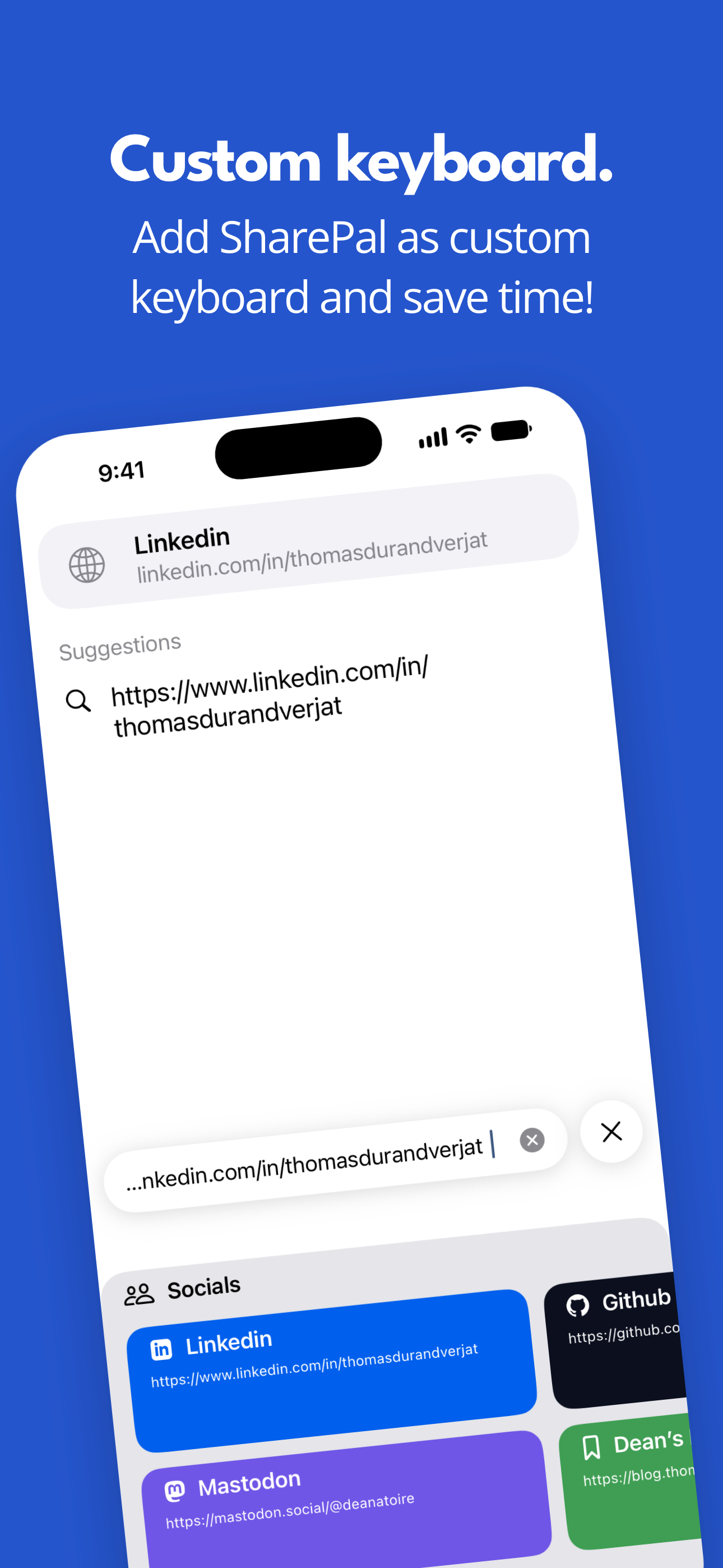 The SharePal keyboard, with saved items scrolling horizontally and category names in view.