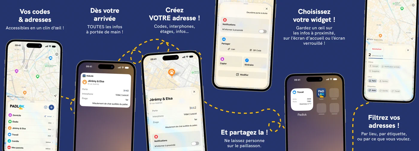 Padlok sur iPhone : une liste d’adresses enregistrées sur une carte, une notification d’arrivée affichant le digicode, l’interphone et l’étage, la création d’une adresse depuis la carte, la feuille de partage proposant un lien et un QR code, les widgets d’écran verrouillé et d’écran d’accueil, et le panneau de filtre avec les lieux et les étiquettes en pastilles.