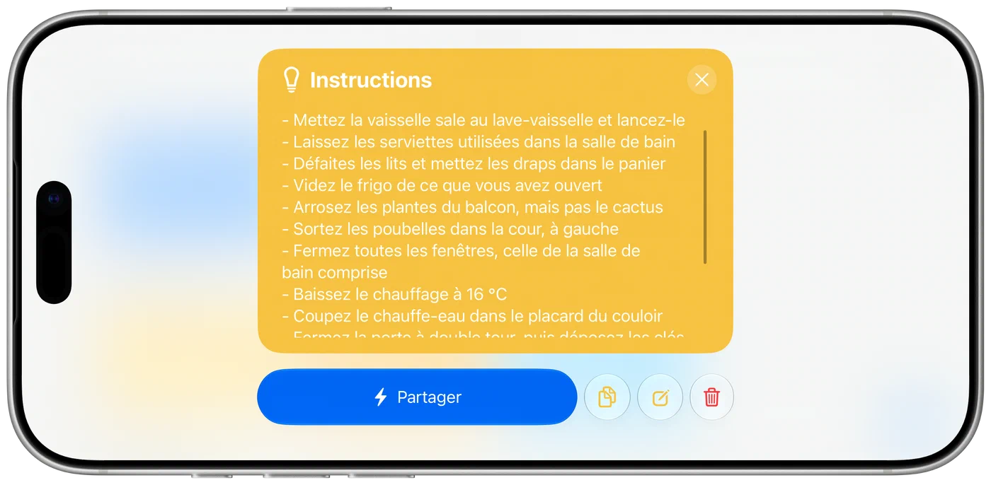 Une carte d’élément SharePal sur un iPhone couché, le texte d’une note longue défilant à l’intérieur.